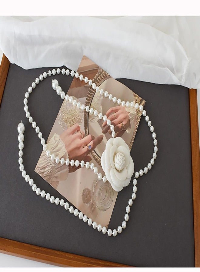 MarveBard Flower Pearl Waist Chain Vintage Camellia Waist Chain Cute Pearl Dress Pendant Adjustable Flower Belt for Wedding Bridal Dress Belt for Women (White) - Image 3